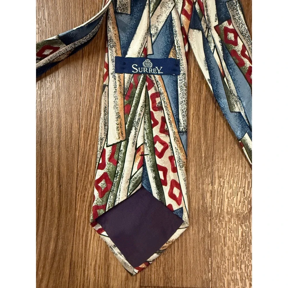 Surrey Mens Vintage 90s Geometric Abstract Print Necktie Blue Red Green USA Made